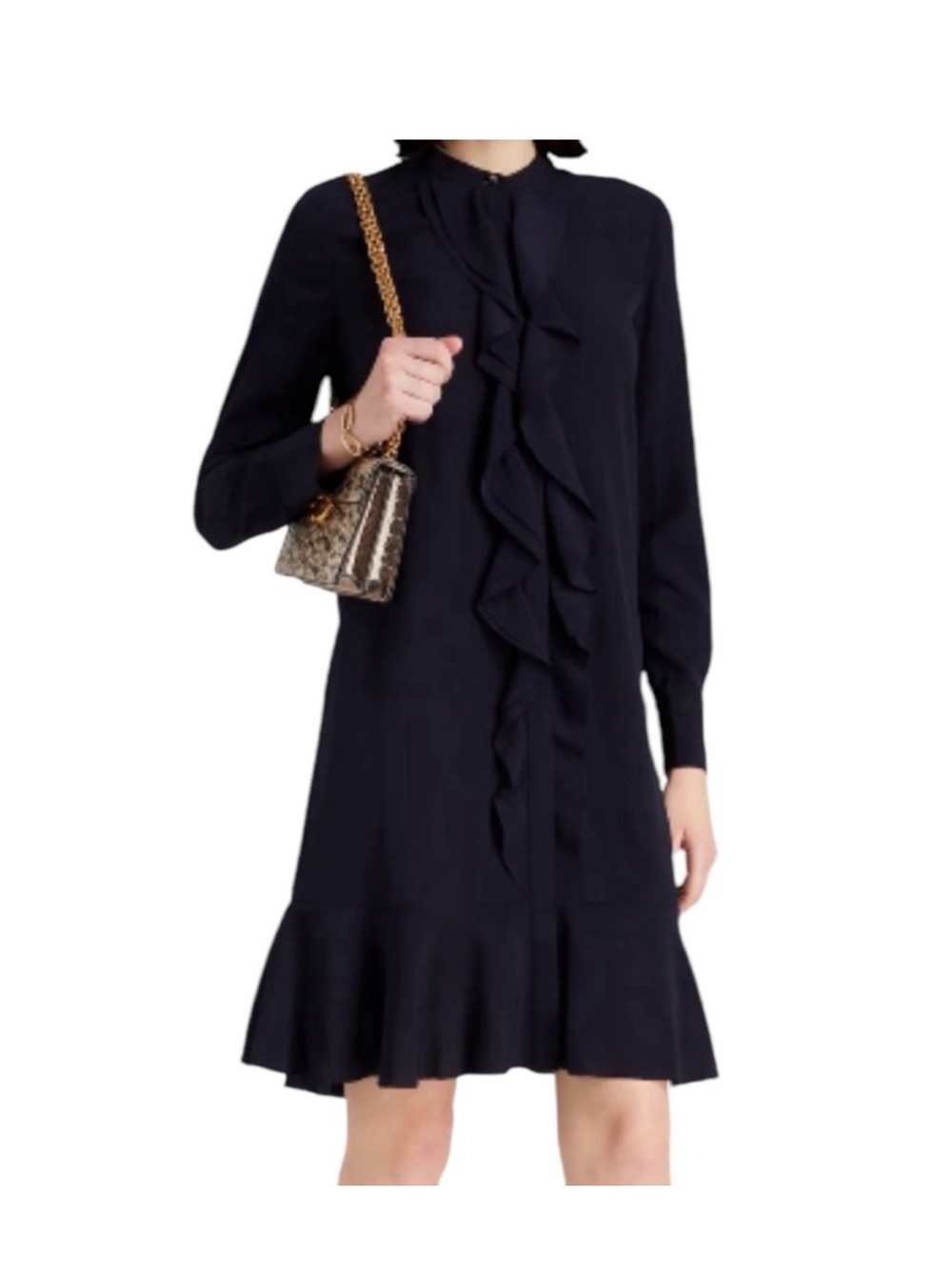 Tory Burch Black Ruffle-Front Long-Sleeve Dress